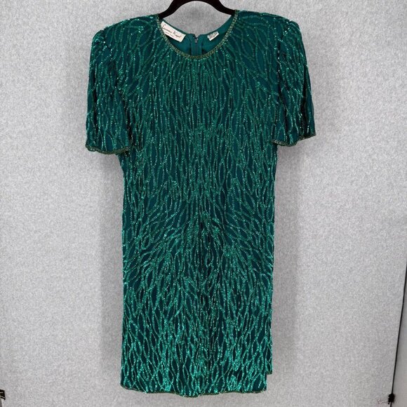 Laurence Kazar Womens VTG Silk Cocktail Party Dress Size M Green Sequin Beaded - Picture 1 of 16